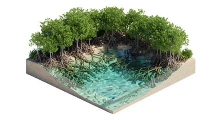 Isometric Mangrove Forest with Intricate Root Systems and Turquoise Water on Transparent Backdrop