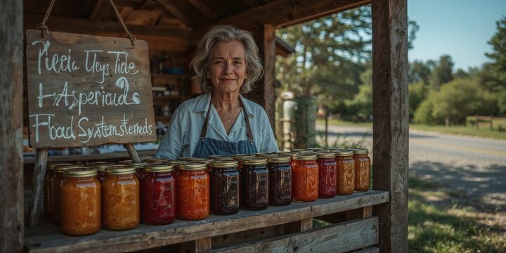Woman stands behind a wooden stand with jars of preserves and a sign with handwritten text on it