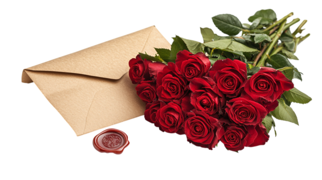 Red roses bouquet with open envelope and wax seal, romantic stationery design, isolated on transparent background