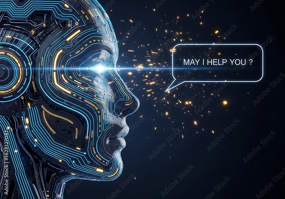 Aufkleber a futuristic humanoid robot face with glowing circuits and a speech bubble displaying a helpful mess