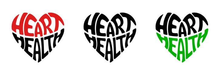 Heart-shaped sticker featuring "HEART HEALTH" in colorful and black design for heart decease prevention and healthcare
