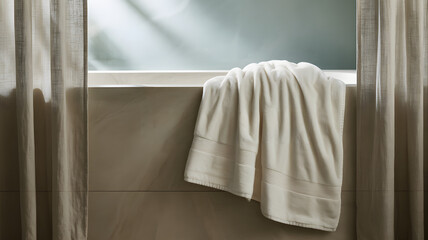 Soft white towel hanging on bathtub in serene bathroom with natural light