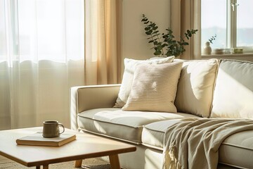Fototapeta premium Bright and peaceful minimalist living room interior with warm natural light illuminating a cozy beige sofa, decorative pillows, a throw blanket, and a simple wooden coffee table with a book and mug.