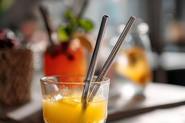 Freshly prepared cocktail served with metal straws