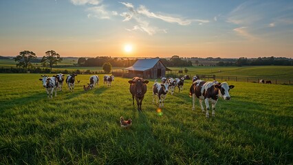 Herd of cows grazing in a lush green field at sunset with a barn and trees in the background scenery