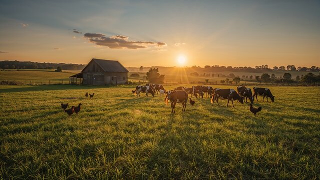 A scenic countryside view featuring cows grazing in a field at sunset with a barn in the background