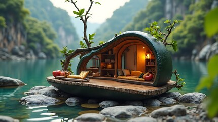 Obraz premium Unique avocado shaped house on a wooden deck by a tranquil river