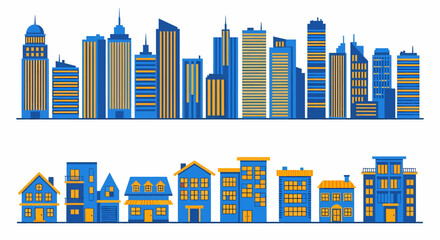 Modern city skyline and charming neighborhood street view with blue and yellow buildings