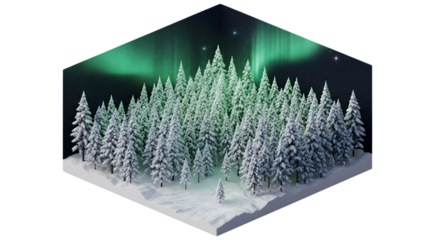Isometric Winter Forest with Snow Covered Trees and Green Northern Lights on Transparent Background