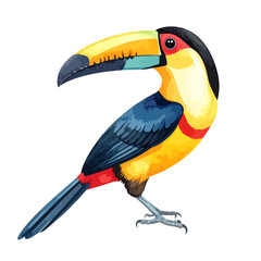 Fototapeta premium Vibrant toucan illustration with a large, multi-colored beak and bright yellow and blue plumage.