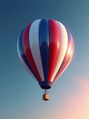 Hot air balloon with red, white, and blue stripes floating in a clear sky during sunrise or sunset.
