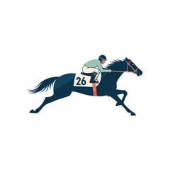 Jockey riding a dark horse during a horse race with a clean white background