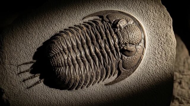 Trilobite Fossil Close-Up: Ancient Marine Arthropod in Sedimentary Rock Formation Video