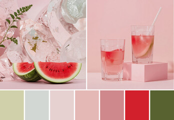 Fresh watermelon slices and refreshing drinks with ice on pink background, styled with greenery and color palette swatches