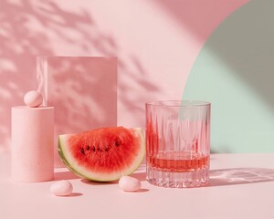 Watermelon slice with glass of pink drink on pastel background with geometric shapes