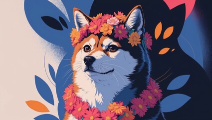 Illustration of a dog wearing a floral crown surrounded by colorful abstract shapes