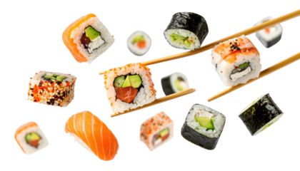 Different fresh sushi rolls with chopsticks frozen in the air on white background