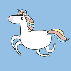 Charming Cartoon Unicorn Running with Rainbow Mane and Tail in isolated background