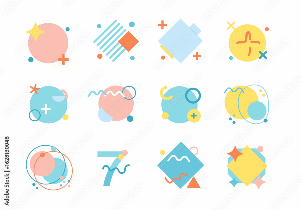 Poster abstract geometric shapes and patterns in pastel colors with playful design elements