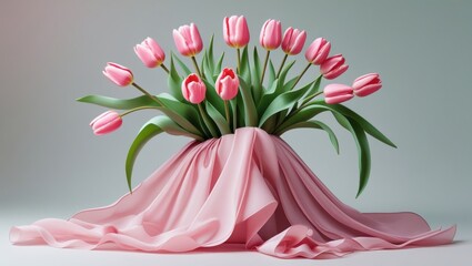 Elegant arrangement of pink tulips with green leaves draped in soft pink fabric on a neutral background