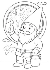 Coloring book gnome cleaning a round window with a cloth and bucket.