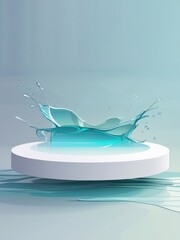 Abstract water splash on a white circular platform with soft blue gradient background