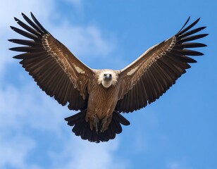 Obraz premium A large bird of prey, a vulture, soars in the sky. Its wings are wide, outstretched, showcasing its powerful flight.