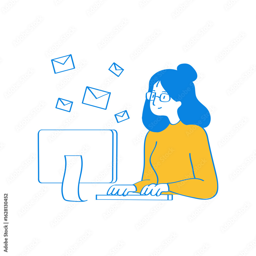 Aufkleber send email. woman working on computer receiving emails isolated on transparent background.