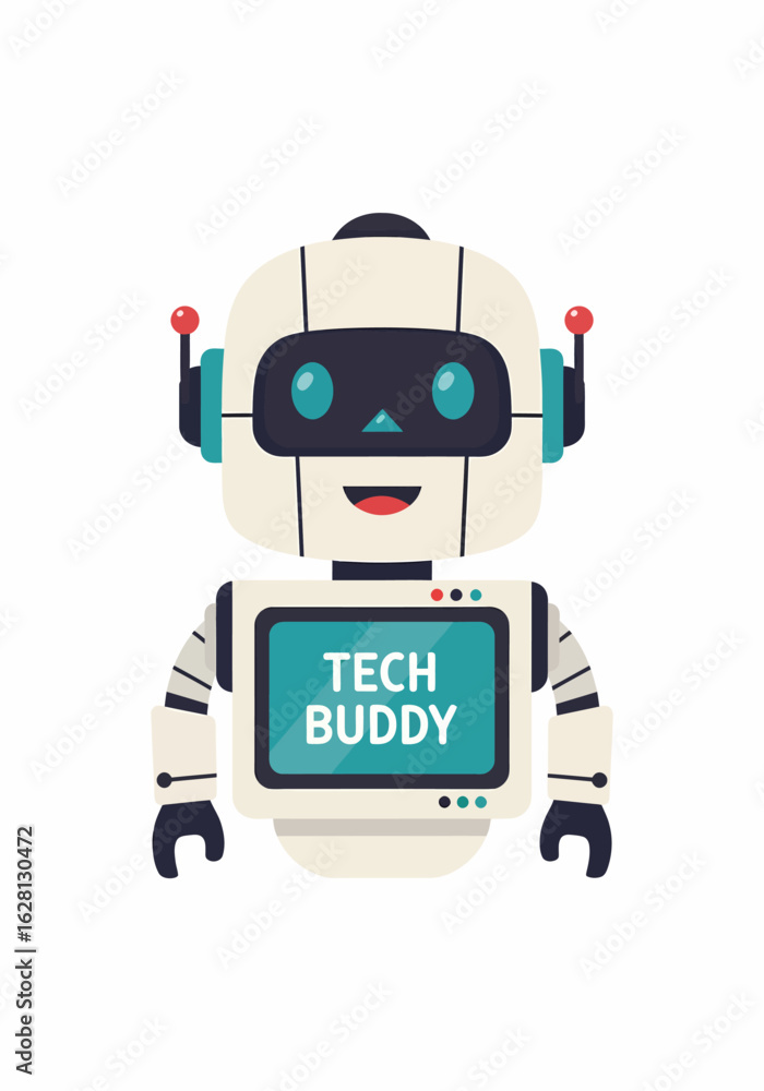 Poster friendly cartoon robot character with screen displaying tech buddy text and playful expression