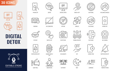 Digital Detox Icon set. Containing no phone, no computer, no social media, and more. Vector illustration