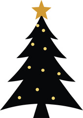 Black christmas tree silhouette with star and lights isolated on white background