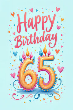 Happy 65th birthday card with decorated numbers resembling candles, colorful heart shapes, and ribbons on a light blue background.