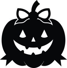 Halloween jack o lantern silhouette with bow isolated on white background