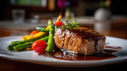 plated juicy steak served on a ceramic dish