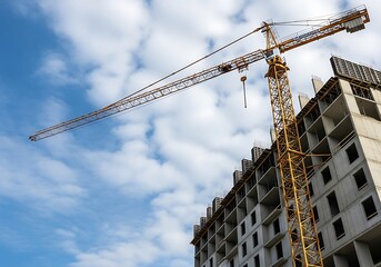 Construction crane against blue sky and unfinished building