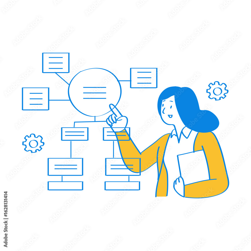Aufkleber manage workflow. woman pointing at a flowchart diagram with gears isolated on transparent background