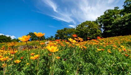 Fototapeta premium A vibrant field of orange flowers basks in the sunny sky