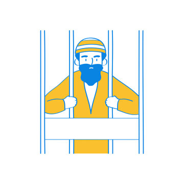 Jail. Man in prison behind bars isolated on transparent background.