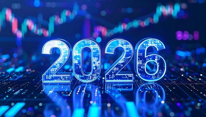 Futuristic 2026 concept with digital numbers over a circuit board. Background shows a stock market chart for financial forecasting and technology.