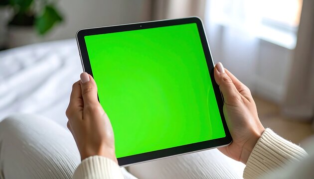 Close up of a woman's hands holding a digital tablet computer with a green screen, ideal for mockups and advertising.