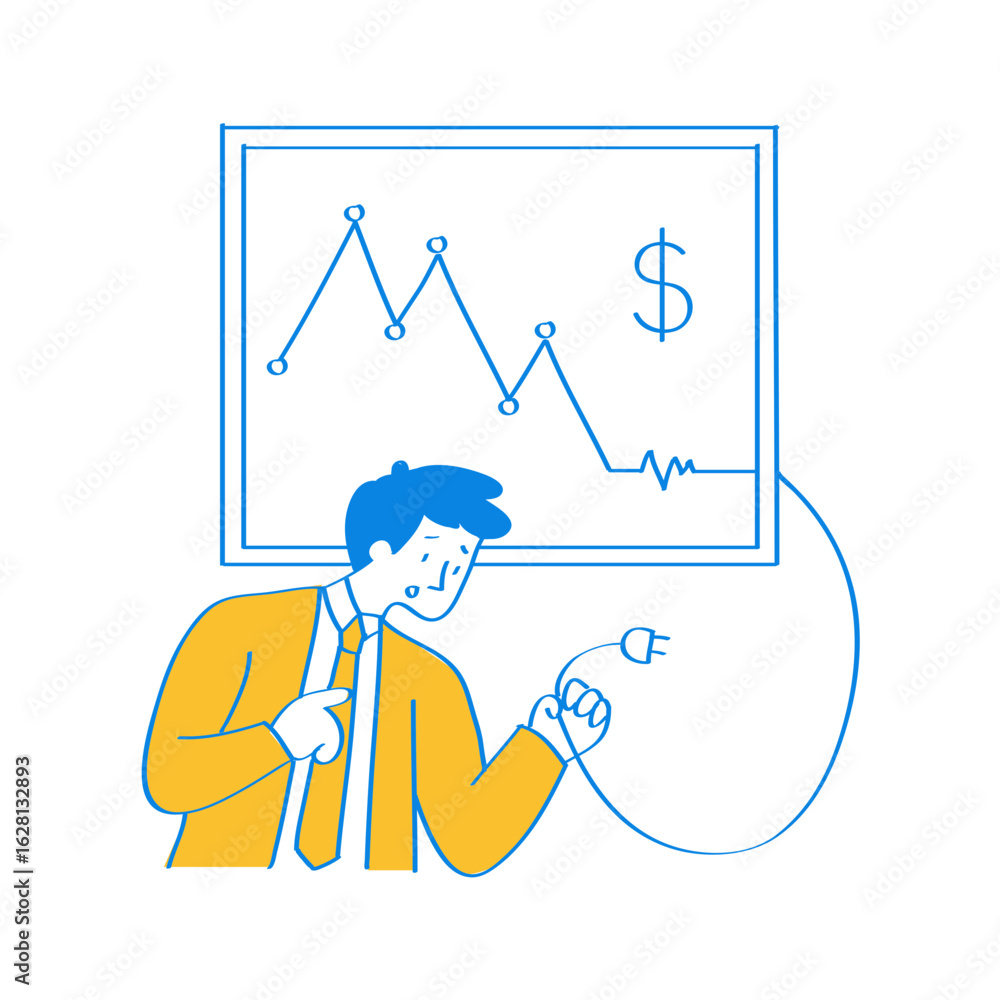 Poster business shutdown. businessman unplugging a financial graph isolated on transparent background.