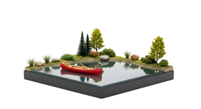 Scenic Pond Diorama with Red Canoe Lush Green Trees on Transparent Base - Powered by Adobe