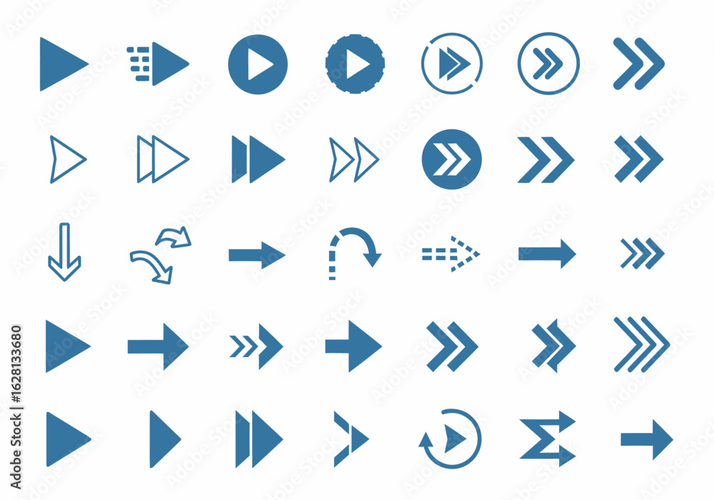 Poster collection of blue directional arrows and play buttons in different styles on white background