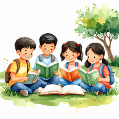 Four happy cartoon children with backpacks sitting cross-legged on the grass, engrossed in reading books.