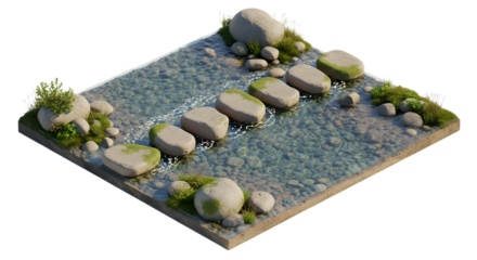 Stone Pathway with Moss Crossing Clear Shallow Stream Isometric on Transparent Black Background