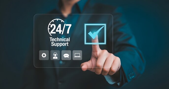 Round-the-clock Technical Assistance: A modern depiction of 24/7 technical support. A hand interacts with an illustrative interface, representing instant assistance.