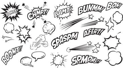 Collection of comic book speech bubbles and sound effects isolated on transparent background