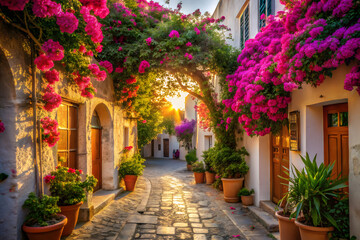 Fototapeta premium Charming narrow cobblestone alleyway in a mediterranean village, adorned with vibrant pink bougainvillea flowers and bathed in warm golden sunlight