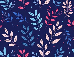 A repeating pattern of stylized leaves and branches in pastel colors against a navy blue background. Small dots add texture