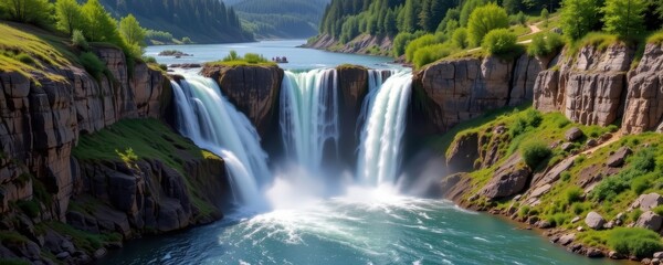 waterfalls occur when rivers cross sudden drops in elevation caused by geological or erosional processes leading to vertical plunges of water in scenic landscapes.